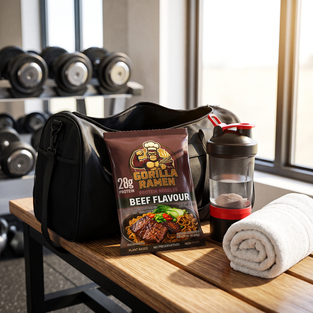Gorilla Ramen beef flavour pack with gym bag and protein shaker after workout
