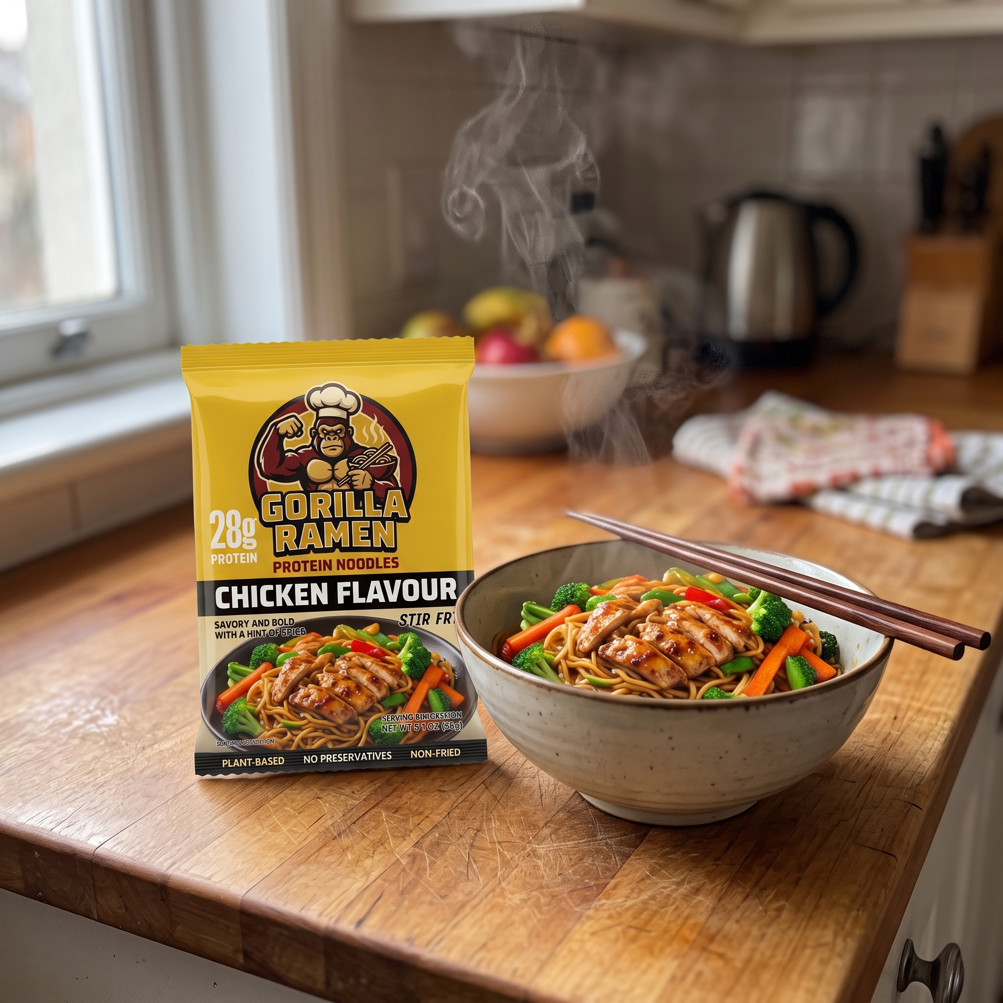 Gorilla Ramen chicken flavour pack with steaming bowl of noodles on kitchen counter